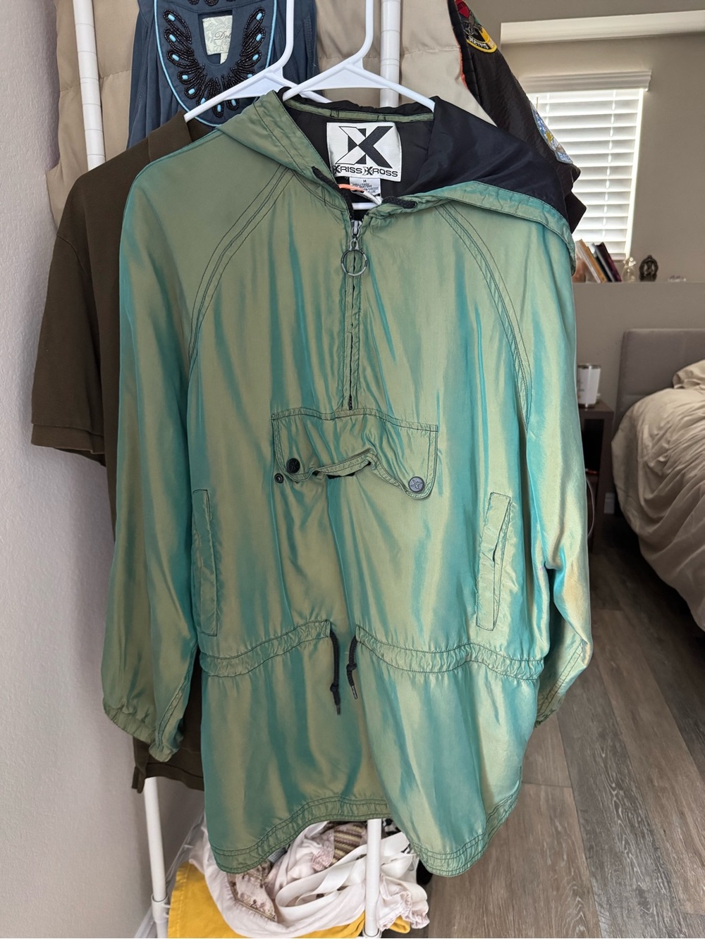 Vtg Kriss Kross iridescent Green Hooded Windbreaker Jacket sz M